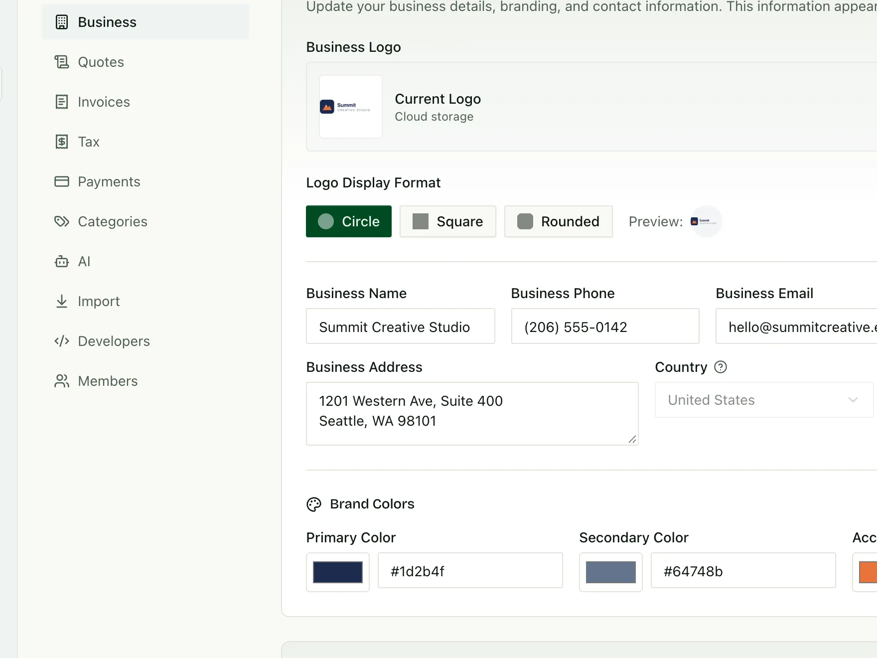Business details, logo and brand colors in settings.