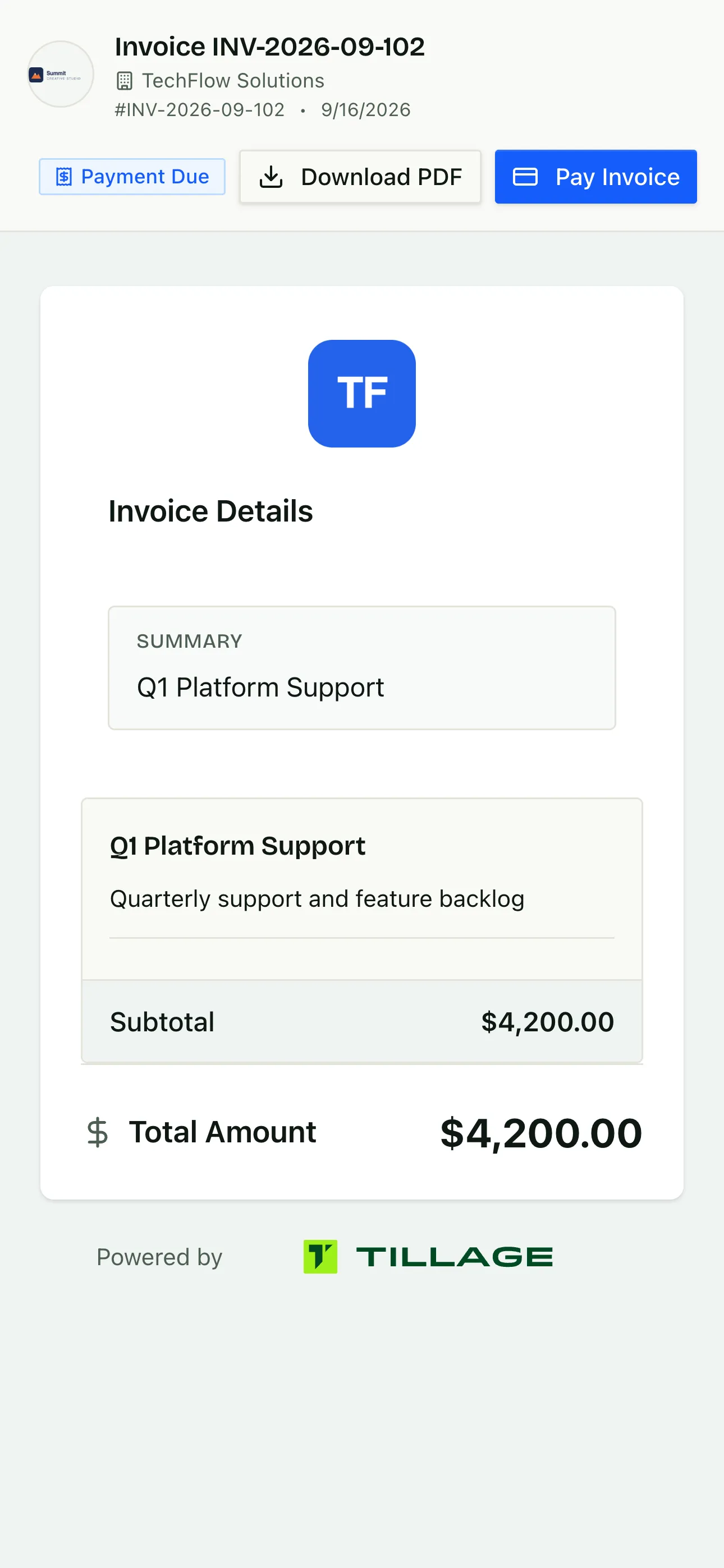 A client invoice on a phone, with Download PDF and Pay Invoice buttons.