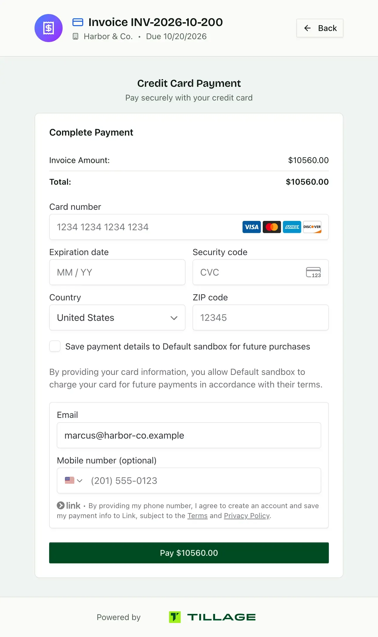 The client's card payment form.