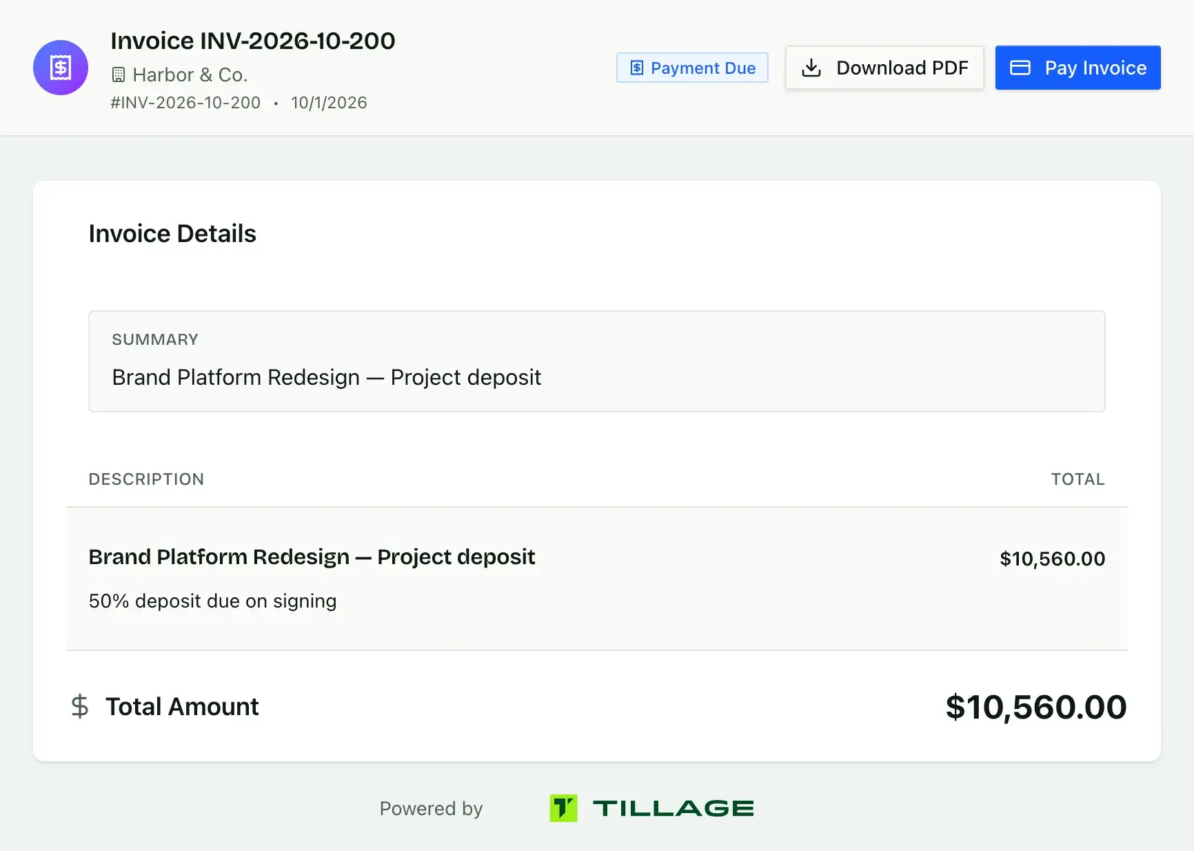 A client's branded invoice page with a Pay Invoice button.