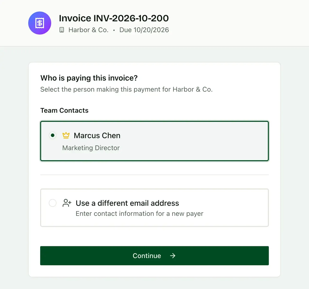 A client choosing which contact is paying the invoice.
