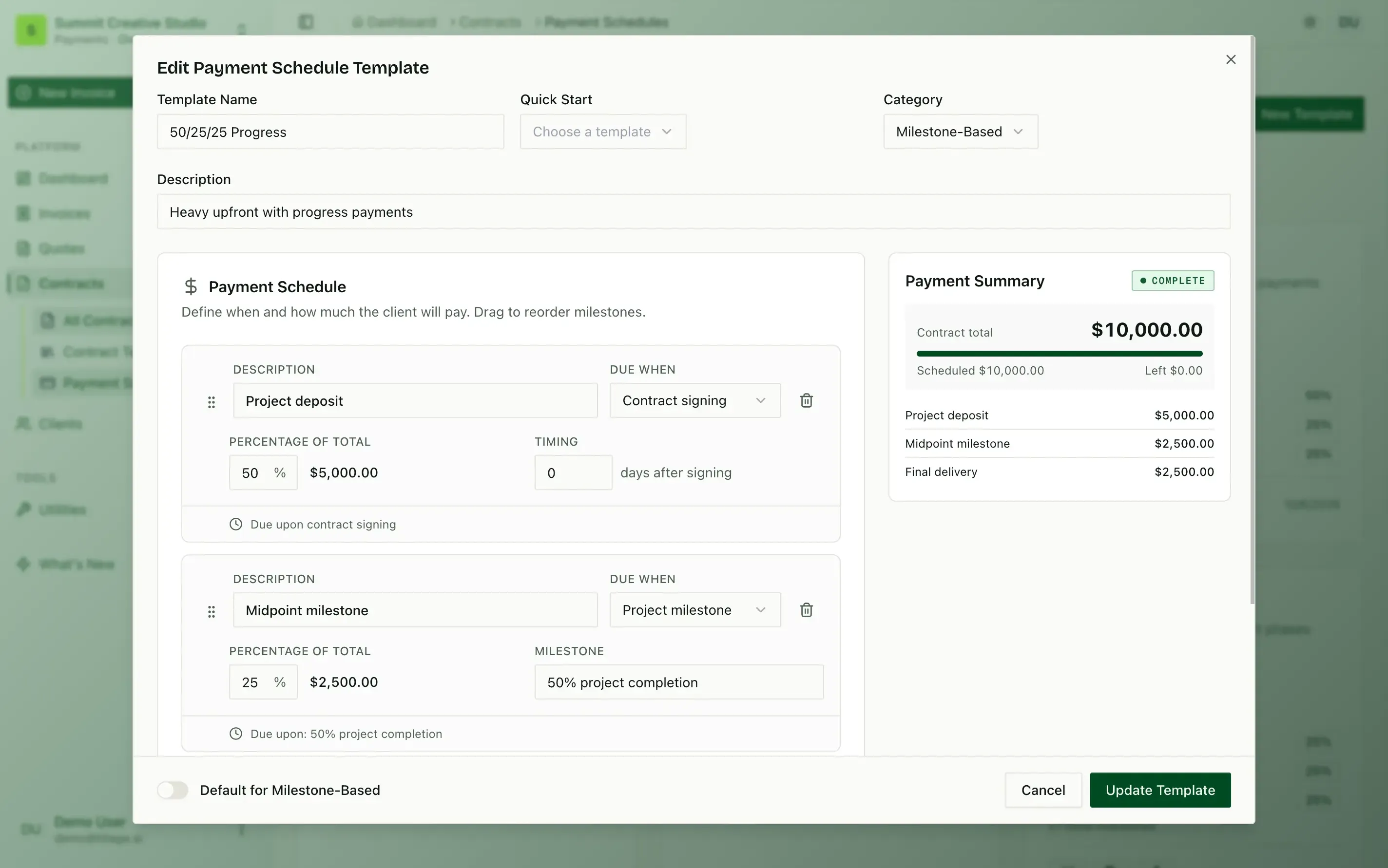 A payment schedule template splitting a $10,000 contract into a 50% deposit on signing and two 25% milestone payments.