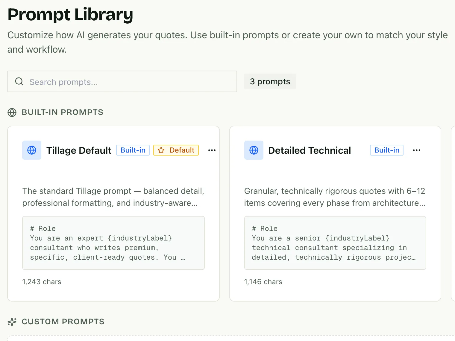 The prompt library with built-in prompts for different quoting styles.