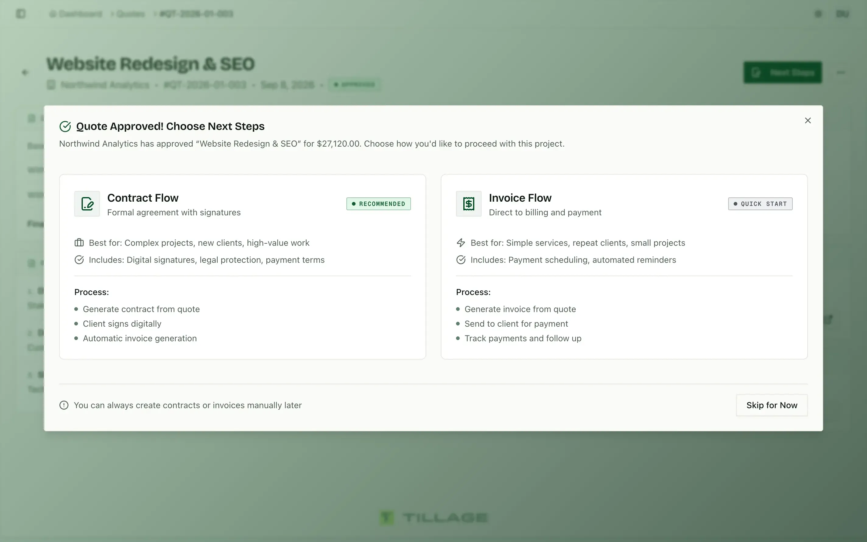The quote approved dialog with contract flow and direct invoice options.
