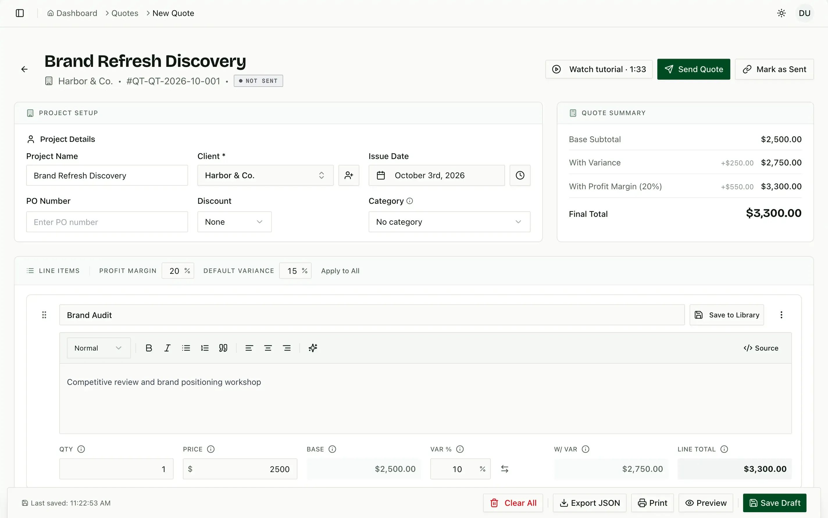 A Tillage quote for Brand Refresh Discovery: a $2,500 base subtotal becomes $2,750 with variance and $3,300 with a 20% profit margin.
