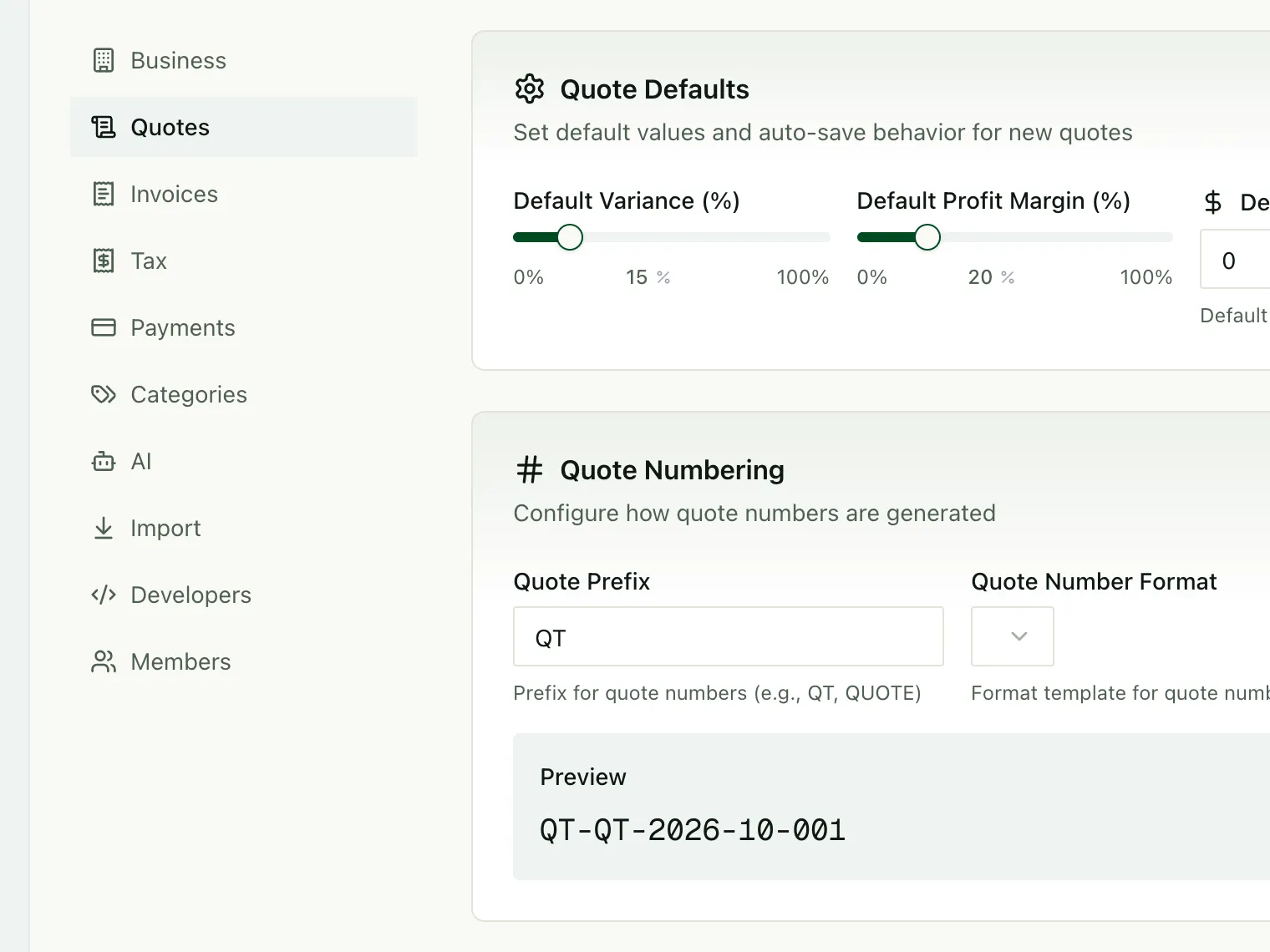 Quote defaults for variance and profit margin.