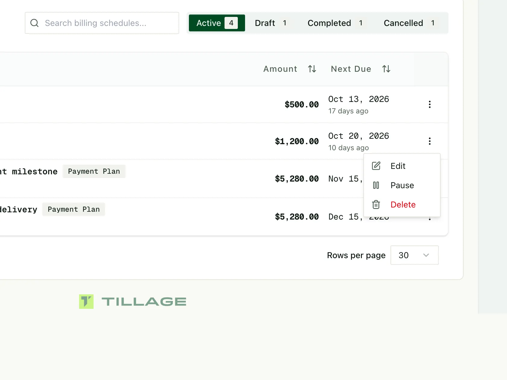Billing schedules with a menu to edit, pause or delete one.
