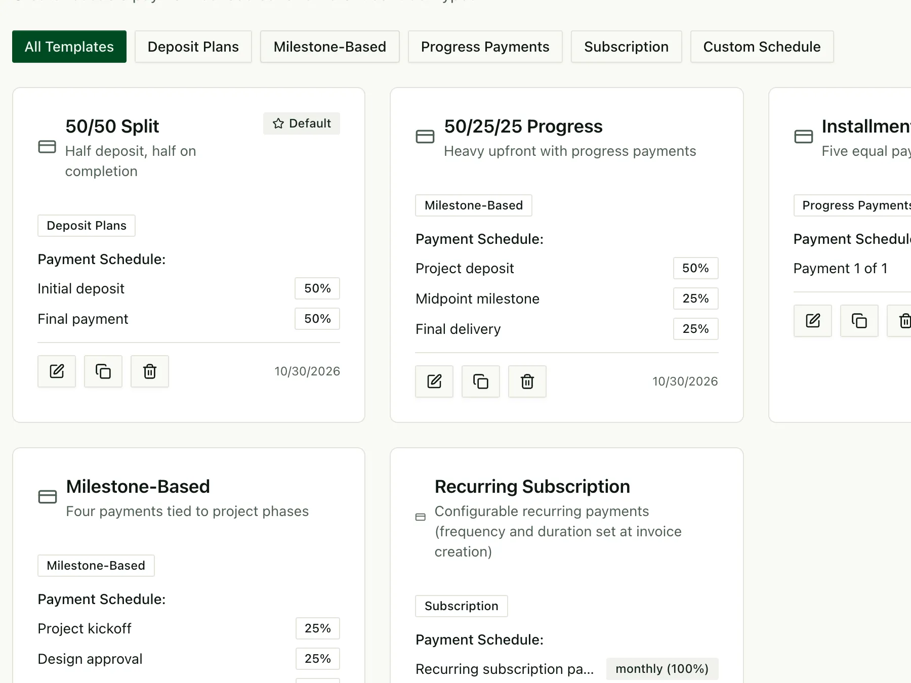 Payment schedule templates like 50/50 split and 50/25/25 progress.