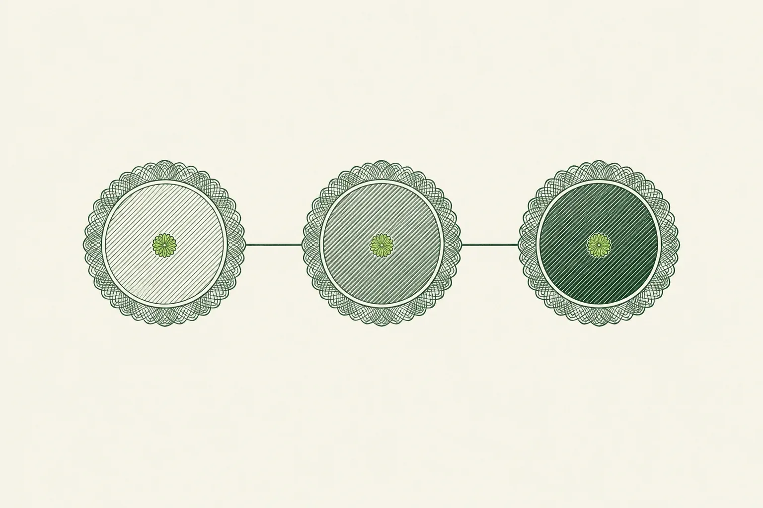 Three connected circles, each more densely engraved